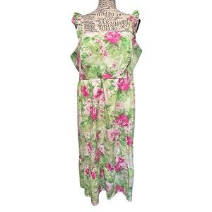 Torrid Midi Dress Size 1X Floral Poplin Tiered Ruffle‎ Strap Green Milkmaid Boho